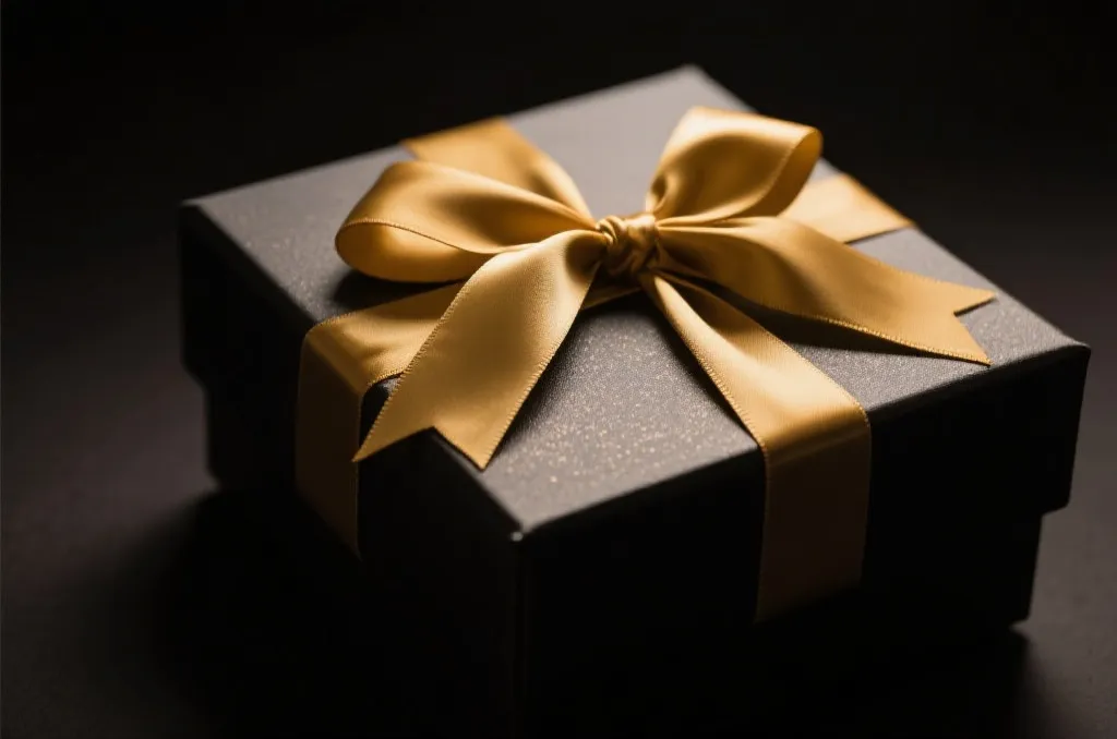 A high-end luxury gift box wrapped with a gold ribbon, elegant dark background, studio lighting, cinematic style